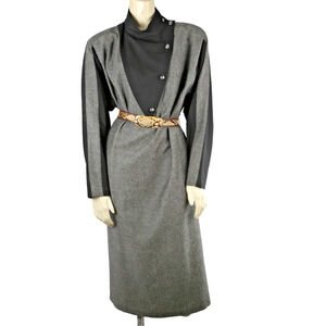 Vintage Louis Feraud Gray Black Belted Long Sleeve Maxi Dress Size 44 ( US 12 )